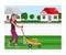 Cartoon friendly smiling young woman mowing grass with lawn mower on yard. Gardening and landscape design. Female