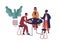 Cartoon friends enjoy lunch together at cafeteria vector flat illustration. Colorful man and woman sit at table eat food