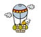 Cartoon frightened stickman is flying high in the sky in balloon and looks down in confusion. Vector illustration of air