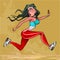 Cartoon frightened woman is running very fast