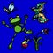 Cartoon frog catches a bright butterfly. Freehand drawing, for printing on childrenâ€™s clothes, a cup, applique. Kids puzzles for
