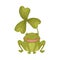 Cartoon frog with clover. Vector illustration on white background.