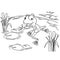Cartoon frog at lake coloring page vector