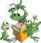 Cartoon frog mother reading stories to her children vector illustration