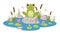 Cartoon frog sitting in pond, cute amphibia. Green toad in natural habitat, froggy water animal in pond with water lilies and