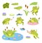 Cartoon frogs. Cute water reptiles, funny amphibians in different poses, tadpoles and toad, lilies and butterflies. Wild