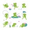 Cartoon frogs. Green cute frogs, lake or pond nature and animal. Isolated funny toad, baby froggy relax and play