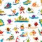 Cartoon fruit characters seamless pattern, vector