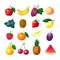 Cartoon fruits and berries. Apple banana grape peach blueberry kiwi lemon strawberry raspberry melon plum pear pineapple