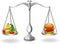 Cartoon fruits and hamburger balance on the scale