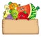 Cartoon fruits holding wooden table