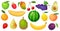 Cartoon fruits. Mango fruit, melon slice and tropical banana. Raspberry berries, watermelon and apple vector