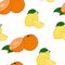 Cartoon fruits seamless pattern on white background fresh juicy orange and lemon, editable vector illustration for decoration,