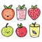 Cartoon fruits smiling, anthropomorphic apple strawberry smoothie glass orange lemon happy faces