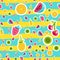 Cartoon fruits stickers seamless vector pattern