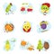 Cartoon fruits and vegetables set. Cute kawaii characters on Christmas vacation. Various winter activities. A collection