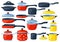 Cartoon frying pan. Cooking pots, metal saucepan and casserole, kitchen cooking items. Kitchen utensils vector