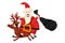 Cartoon fun Santa rides a deer with his bag. Kids artwork.