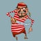 Cartoon funny aggressive man in pirate clothes with a dagger