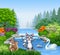 Cartoon funny animals in Beautiful river in forest