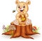 Cartoon funny baby bear holding honey pot on tree stump