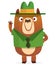 Cartoon funny bear scout ranger wearing green hat. Vector illustration isolated