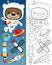 Cartoon of funny bear wearing astronaut costume with spaceship and sky objects