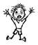 Cartoon funny boy with raised hands and bulging eyes. Black and white graphics, vector drawing.