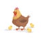 Cartoon funny brown hen with little yellow chickens. Comic trendy flat style with simple gradients. Mother and family vector illus