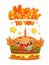 Cartoon funny burger character with candle. Happy birthday card