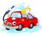 Cartoon funny car washing with water pipe and sponge