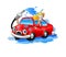 Cartoon funny car washing with water pipe and sponge