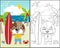 Cartoon of funny cat standing holding surfboard on beach background