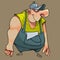 Cartoon funny character fat man in work overalls