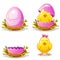 Cartoon funny chicken and pink egg in a nest