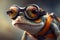 cartoon funny colorful bright frog or gecko in glasses walks on a leash, humor - Generative AI