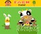 Cartoon of funny cow with bunny in farm field