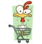 Cartoon funny crazy chicken in supermarket cart