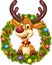 Cartoon funny deer holding Christmas Wreath with ribbons, balls and bow