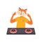 Cartoon funny dj fox standing at turntable, playing mixing electronic disco in nightclub