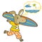 Cartoon of funny donkey carrying surfboard