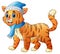 Cartoon funny dressed cat or tiger in the scarf and hat