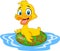 Cartoon funny duck floating with inflatable ring