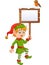 Cartoon funny elf boy holding blank sign with robin bird