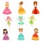 Cartoon funny fantasy princesses in different dresses and costumes. Fairytale vector illustration set