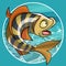 Cartoon funny fish perch in a circle on a background of water