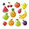 Cartoon funny fruits. Happy kiwi banana raspberry orange cherry with face. Summer fruit and berry vector characters