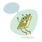 Cartoon funny green jumping book mascot on round background. Dummy speech bubble. Wide smile character.