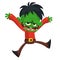 Cartoon funny green zombie jumping and dancing. Halloween vector illustration of zombie creature