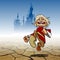 Cartoon funny guy cheerfully running through the desert with a castle